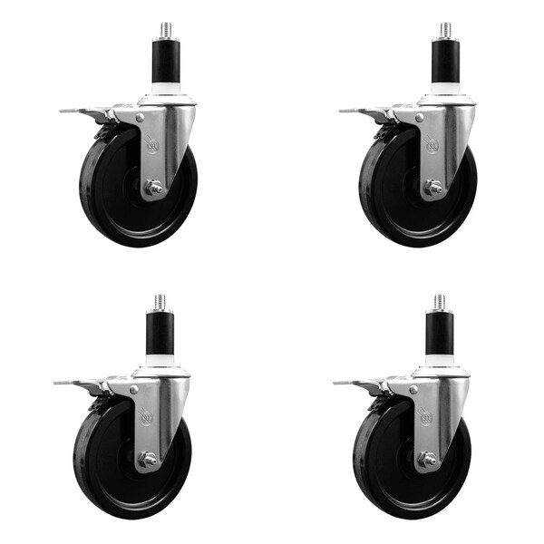 5'' SS Phenolic Swivel 1-3/8'' Expanding Stem Caster Set Total Lock Brake, 4PK